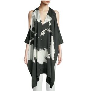 URBAN ZEN SPLASH FLOWER COLD SHOULDER DRAPED BLACK AND WHITE SILK TUNIC